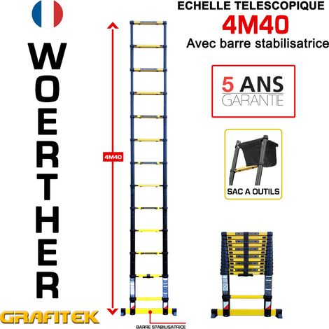 Echelle télescopique 4m40 Woerther avec barre stabilisatrice - Avec sac porte ouils - Charge maximal 150Kg - Garantie 5 ans