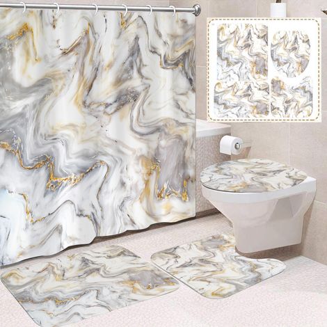 Tenda da doccia effetto marmo con tappetino da bagno, set di 4 pezzi per decorazione bagno astratta dorata lavabile con sedile WC e tappetini antiscivolo (1/5)