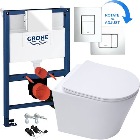 Rimless ECO Wall Hung Toilet Pan, Seat & GROHE 38773000 Rapid 0.82m SL 3-in-1 Low Height WC Cistern Frame inc. Plate (1/5)