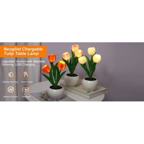 Ortviai Lampe de table tulipe décorative avec pot fleuri, 3 têtes, rose, rechargeable, lumière d'ambiance (1/5)