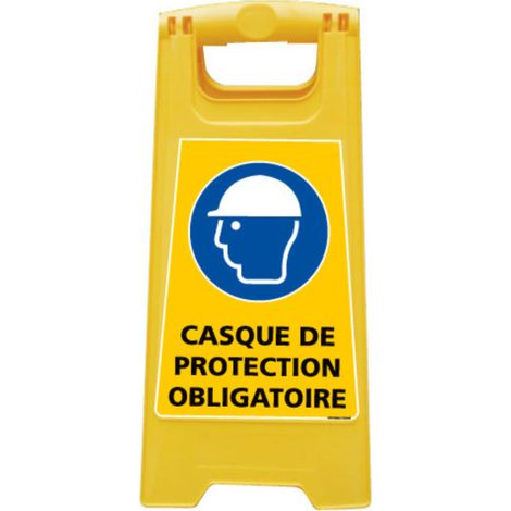 Chevalet de signalisation, attention avertissement casques de protection obligatoire - Chevalet jaune (1/5)