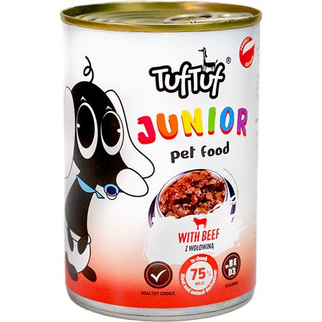 Alimento húmedo para perros TufTuf Junior sabor carne de res, lata de 415 g para cachorros. (1/4)