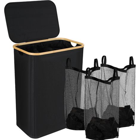 TolleTour Cesto para ropa sucia con tapa, 160L Negro Cesto para ropa sucia - 3 bolsas extraíbles para ropa sucia (Para uso en baños y hogares)