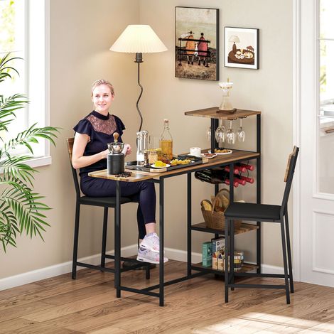 Bartisch-Set mit Klapptüren, Weinregal und 2 Barhockern, Industriestil, Braun und Schwarz