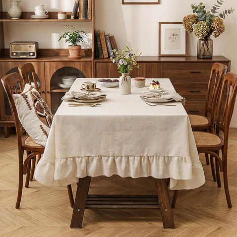 Mantel de lino beige de 140 x 180 cm, antiarrugas, lavable, rectangular con borde fruncido. Estilo bohemio chic, perfecto. (1/5)