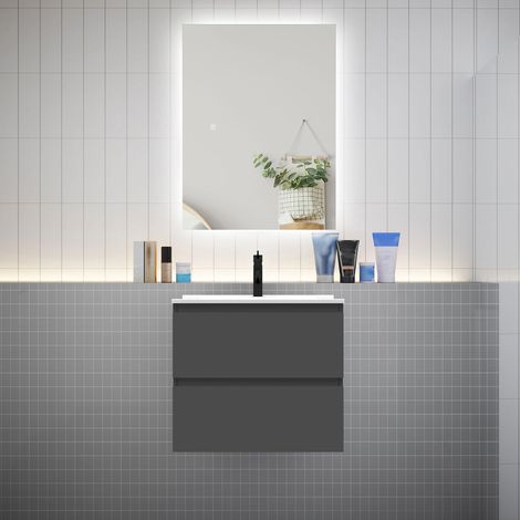 Meuble de salle de bain à deux tiroirs avec lavabo et miroir LED antibuée - anthracite L.60cm suspendu