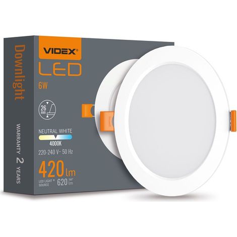 Apparecchio di illuminazione rotondo bianco da incasso, 11,8 cm, LED integrato, 6W, DownLight Videx, 4000K, 620lm