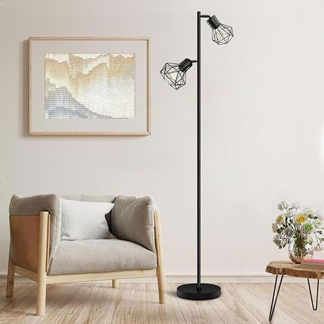 Living Room Floor Lamp, 2 Light Industrial Floor Lamp with Metal Cage Lampshade, E27 Rustic Floor Lamps for Living Room Bedroom Office 160cm, Black (1/4)