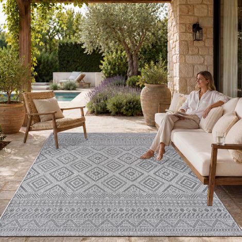 Paco Home Tapis Intérieur & Extérieur Balcon Terrasse Cuisine Motif Ethnique Boho Moderne 80x150 cm, Anthracite (1/5)