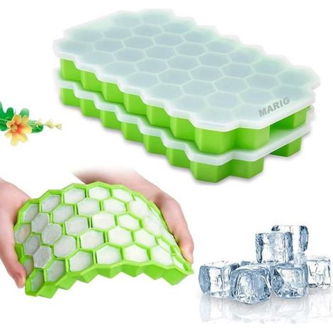 2 Moules à glaçons,Silicone,Forme Hexagonale,Couvercle,Vert,Adultes et bébés (1/4)