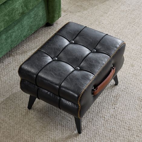 Repose-pieds cuir noir pieds métalliques,usage polyvalent. Tabouret simple adapté à la décoration salon et chambre.