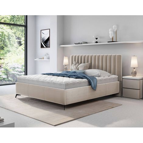 Bestmobilier – Lit coffre 180x200 cm – Sommier à lattes inclus – Revêtement velours beige – Coffre de rangement intégré – Structure en panneaux de particules