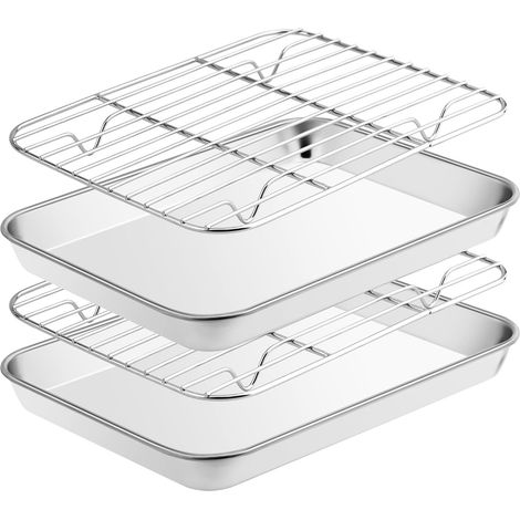 Plaque de cuisson avec gril de refroidissement [2 plaques + 2 étagères], acier inoxydable avec gril, non toxique et durable, facile à nettoyer, utilisable au lave - vaisselle (23,5 x 17,5 x 2,5 cm) (1/5)