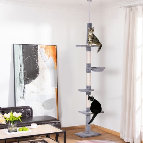 Arbre à chat à 4 niveaux, hauteur réglable. En aggloméré. Revêtements en peluche et sisal. 40 x 34 x 230-260 cm. Gris. (1/5)