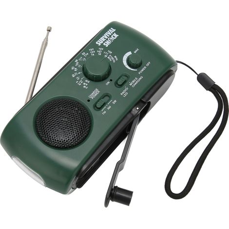 Lampe torche LED solaire radio à manivelle, récepteur portable AM/FM/SW multi-bandes, avec batterie intégrée (sans piles dans le compartiment). (1/5)