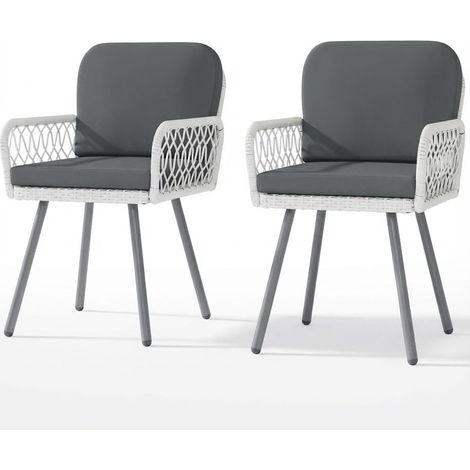 lot de 2 fauteuils de repas extérieurs cadre métal noir rotin tissé beige clair coussins jardin balcon terrasse porche (1/5)