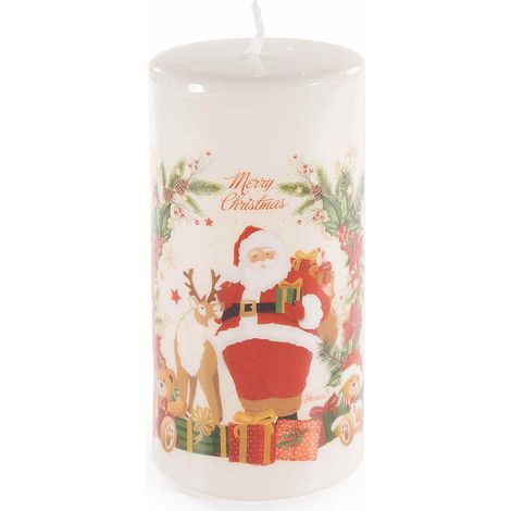 Candele natalizie con decoro Babbo Natale e renna con scritta Merry Christmas, set da 2 pezzi, Ø 7,5 x 14,5 H