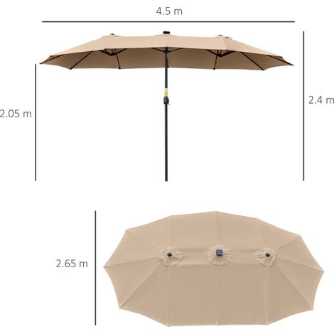 Parasol de jardin double de 4,5 m avec 48 lumières LED et manivelle, kaki (1/5)