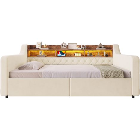 Letto singolo 90x190 cm in velluto beige con 2 cassetti e LED FloraGrace (1/5)