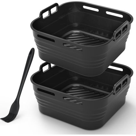 Moule Silicone Air Fryer avec Pinceau à Huile, 2 Pièces Plat pour Airfryer Panier Friteuse Air Chaud Moules Carré Barquette Bac Ustensile Liners pour Friteuse à Air, Micro-ondes, Four (Noir) (1/5)