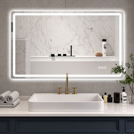 Espejo LED de baño 120x60x2,9 cm de vidrio y metal plateado antivaho – MEUBLIV (1/5)