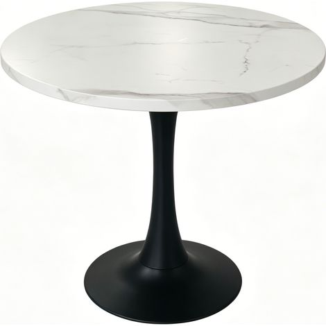 Table ronde 80 cm compacte pour 2 à 4 personnes, effet marbre blanc, plateau MDF et pied métal noir, idéale pour salle à manger, cuisine ou bureau - CHICFURN (1/5)