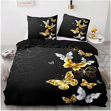 Parure de lit Housse de Couette en Microfibre Taies d'oreillers, 3D Imprimé Sets de Housse de Couette Papillon doré,200x200cm - ZVB (1/4)