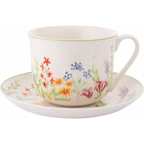 Tasse en céramique avec soucoupe, blanche, à motifs floraux, 450 ml, 1 pièce Jumbo (1/4)