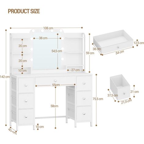 Dressing Table with Mirror, 3-Color Adjustable Brightness LED Lights, 7 Fabric Drawers & 6-Layer Shelves, Modern Bedroom Makeup Vanity