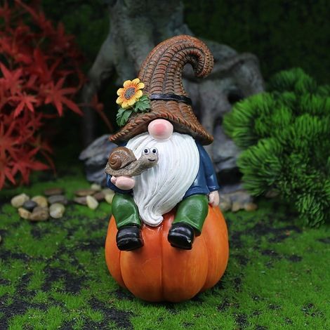 Gnome - Statue En Résine Avec Citrouille - Décoration Automne Et Noël - Usage Intérieur Extérieur - Lot De 1 (1/5)