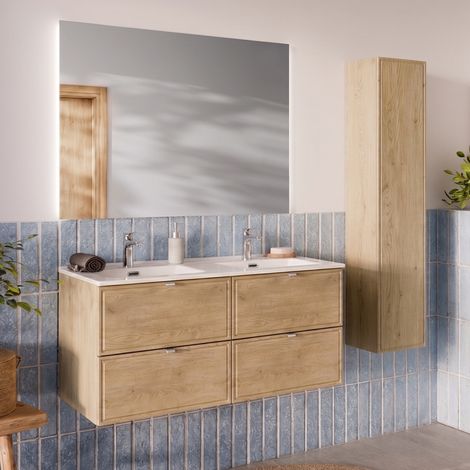 Ensemble meuble double vasque encastrée 120cm et colonne Elias Bois (1/5)