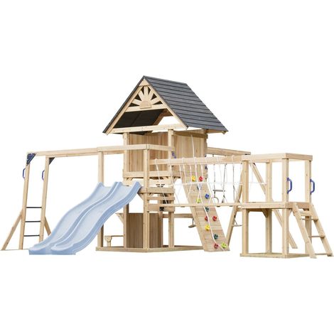 Axi Hunter Aire De Jeux En Bois, 2 Balançoires, Toboggan Double, Bleu Pastel  Maisonnette Xxl / Equipement De Jeux Pour Enfants Avec Structure D'Escalade, Pont Suspendu Et Trapèze  Pour Le Jardin