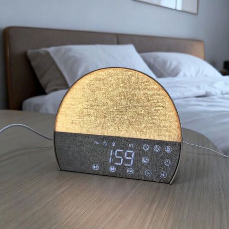 Sonnenaufgangswecker mit Favoritenmodus, Weißrauschfunktion, 29 Tönen, 10 Farben, 6 Alarmen und einer Schlummerfunktion von 5-180 Minuten.