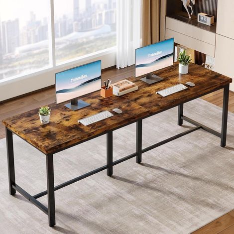 Bureau double 200cm pour 2 personnes, bureau informatique extra long vintage marron (1/5)