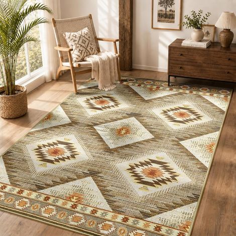 JSSEVN - Maschinenwaschbarer Wohnzimmerteppich 120 x 180 cm, rutschfest, marokkanischer Stil, geeignet für Wohnzimmer, Flur, Schlafzimmer und Küche, Kamel (1/5)