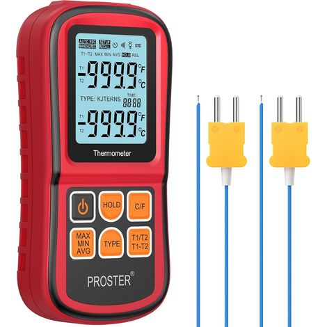Proster Thermomètre Numérique à Double Canal avec Deux Thermocouples de Type K Thermomètre Industriel avec Rétroéclairage LCD pour Thermocouple K/J/T/E/R/S/N (1/5)