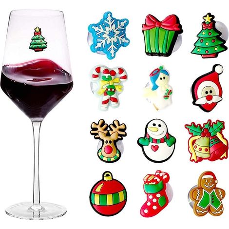 12 Marque-Verres de Noël avec Ventouse pour Verres sans Pied, Accessoires à Vin, Cadeaux d'Hôtesse, Cadeaux de Noël, Décoration de Fête (1/5)