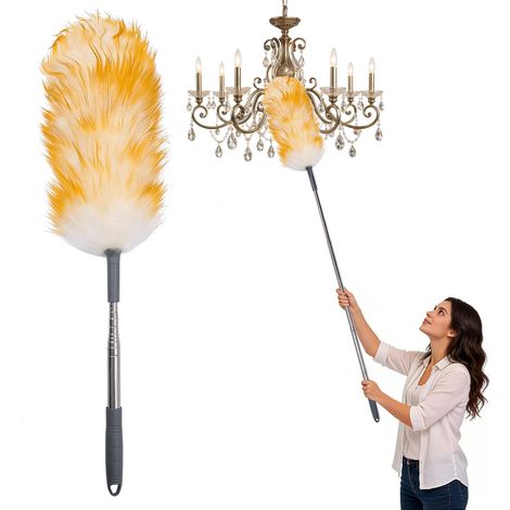 Plumeau en Laine pour la Poussière Télescopique, Manche Extensible Jusqu'à 140 cm, Plumeau Lavable et Flexible, Nettoyage Doux sans Rayures pour Meubles, Plafonds et Coins (1/5)