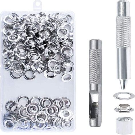 Kit de 100 ojales, herramientas metálicas para ojales, kit de ojales de 10 mm para reparación de lonas, toldos y tiendas de campaña, color plata.