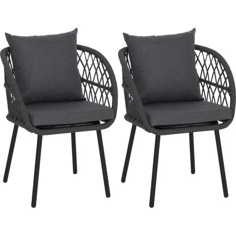 [NON UTILIZZATO] Set 2 sedie da giardino HHG-393, poltrona con braccioli, intreccio corda alluminio, struttura nera, cuscini antracite