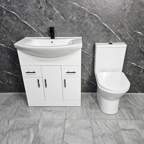 White Vanity Unit with Black Handles 750mm Open Back Toilet Bathroom Suite, Without Tap & Waste