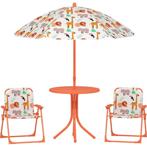 Salon de jardin enfant - AIYAPLAY - table enfant avec 2 chaises pliantes, parasol Ø100cm - motif animal - plastique - orange