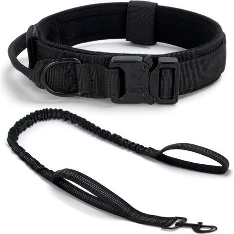 Collier de Chien Tactique Réglable avec Poignée et Boucle en Métal, Ensemble Collier et Laisse pour Chiens Moyens et Grands, Noir XL (1/4)