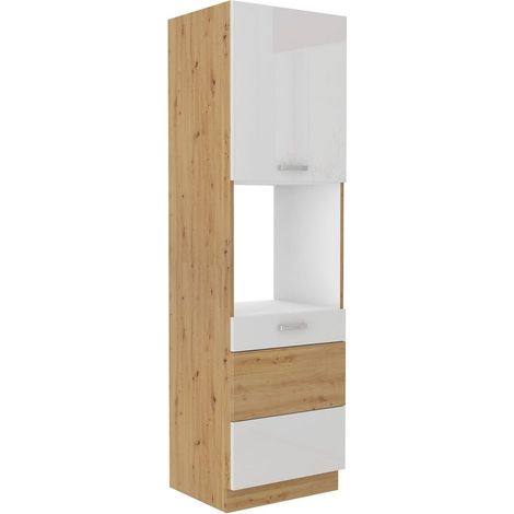Küchen Hochschrank 60 cm Eiche Artisan + Weiss Hochglanz Küchenzeile Küchenblock (1/5)