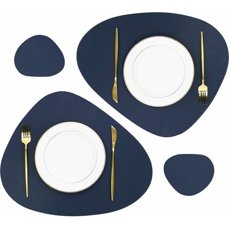 Set of 4 Oval PU Leather Placemats and Coasters, 38 x 45 cm Washable Non-slip Washable for Dining Room (Dark Blue 2 Placemats +2 Coasters) (1/5)