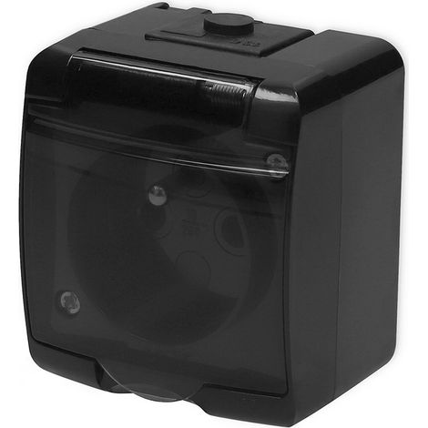 Prise simple avec terre saillie IP54 noir clapet de protection teinté Karlik Junior - 12GHE-1d (1/2)