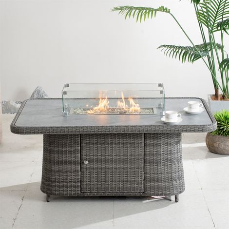 Abrihome Height-Adjustable Rattan Fire Pit Table – 130x75cm Gas Garden Heater with Tempered Glass Top, Grey
