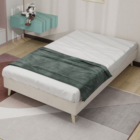 Bett mit Stauraum Stoff Beige 90x200 cm, gepolstert, mit Cartoon-Kopfteil und pneumatischer Hubfunktion