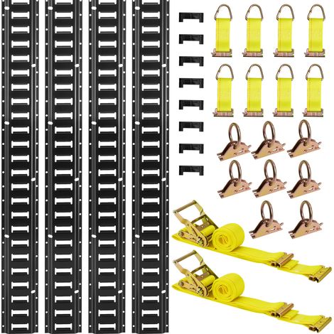 Mophorn Juego de 4 rieles de amarre E-Track de 2,3 m, ideales para garajes, furgonetas, remolques y motocicletas, incluye 2 correas con trinquete, 8 juntas tóricas, 8 correas con anilla en D y 8 tapas (1/5)