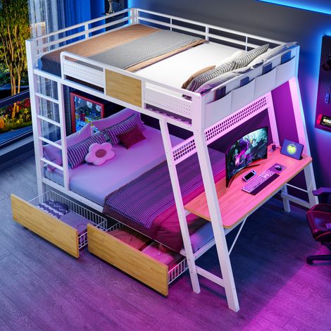 Lit superposé gaming 140 x 200 cm en métal avec bureau, LED, prises USB et Type-C, 2 paniers de rangement, Blanc (1/5)